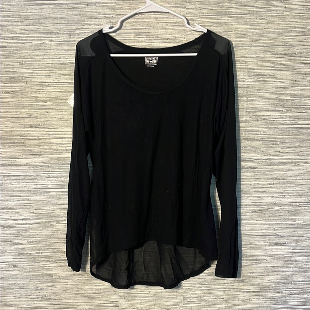 Converse Black Asymmetrical Long Sleeve Top – Sheer High-Low Edgy Look L (702)
